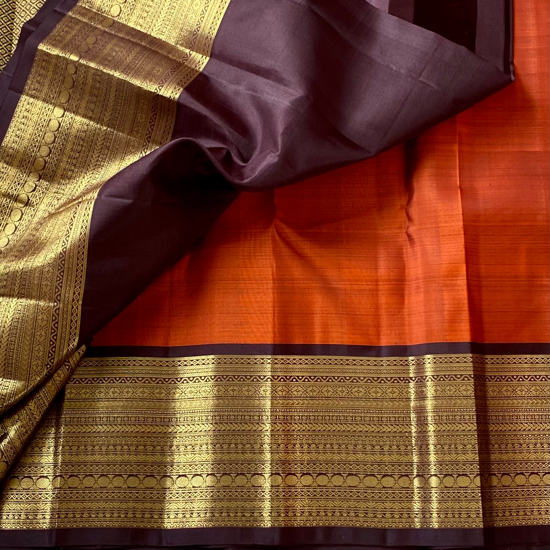 Vintage Trend Rust Orange with Deep Coffee Brown Kanjeevaram Designer Pure Silk