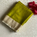 Chartreuse Soft Tussar Silk Saree With Cream Beige Border And Gold Buttas