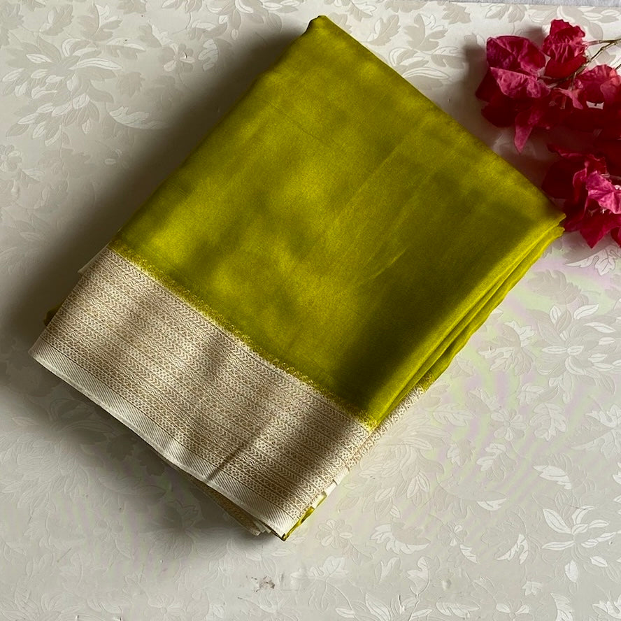 Chartreuse Soft Tussar Silk Saree With Cream Beige Border And Gold Buttas