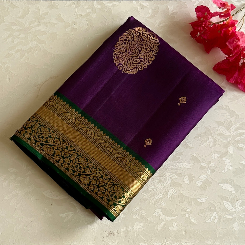 Deep Purple Designer Pure Silk with Emerald Green Zari Border
