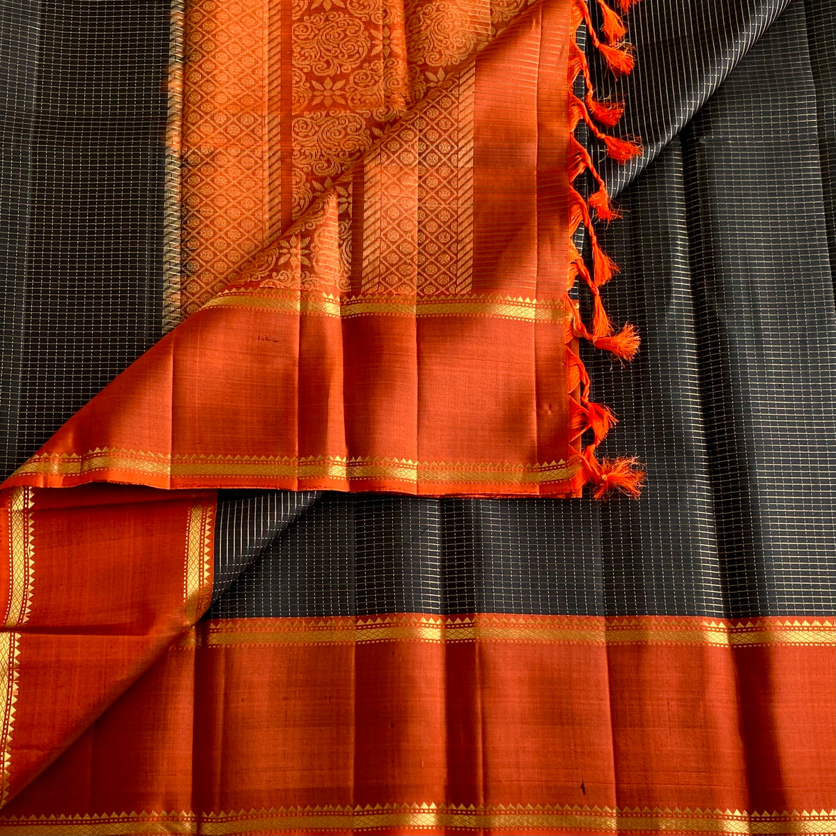 Designer Pure Silk Saree With Charcoal Black And Burnt Orange Pallu