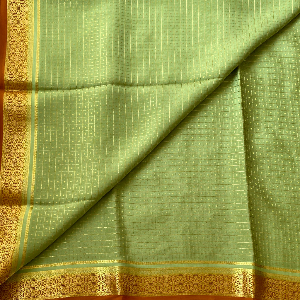 Pistachio Green Saree Gold Dot Grid Amber Orange Border Festive