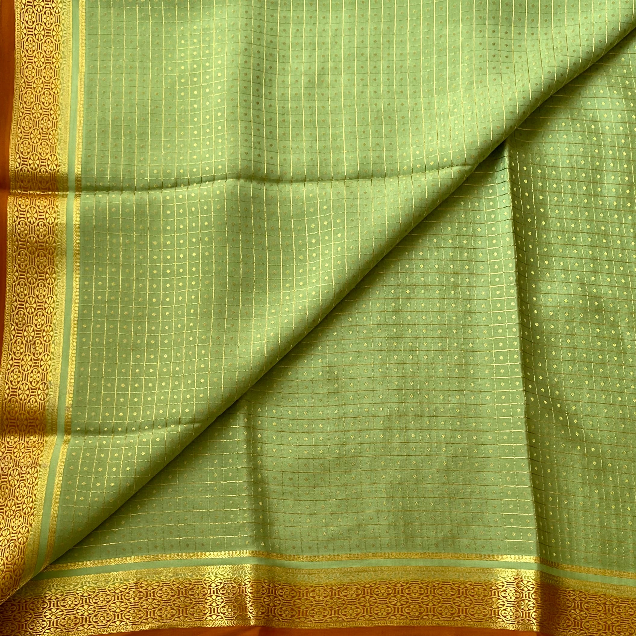 Pistachio Green Saree Gold Dot Grid Amber Orange Border Festive