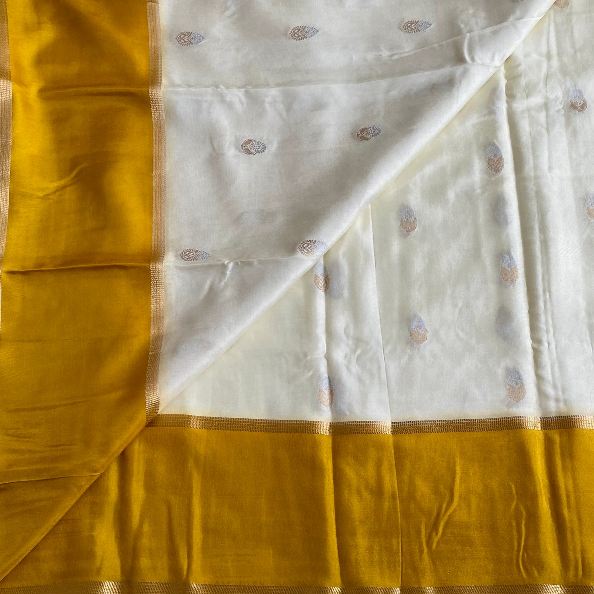 Ivory Pearl Soft Tussar Silk Saree With Mustard Yellow Pallu