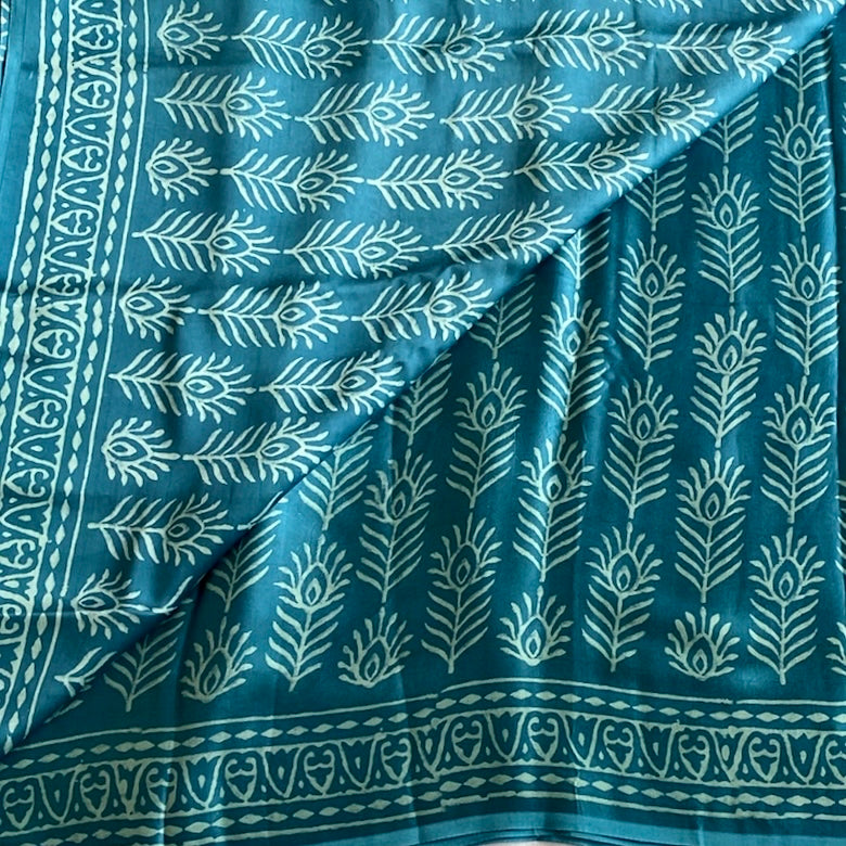Dreamy Blue Ajrakh Handblock Printed Silk Saree Feather buttas
