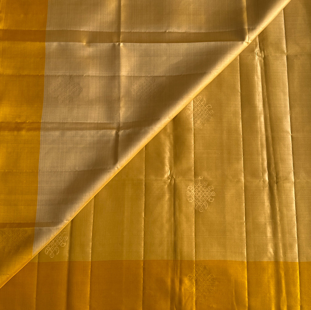 Deep Beige with Mango Yellow Kollam Zari woven Lightweight Pure Silk