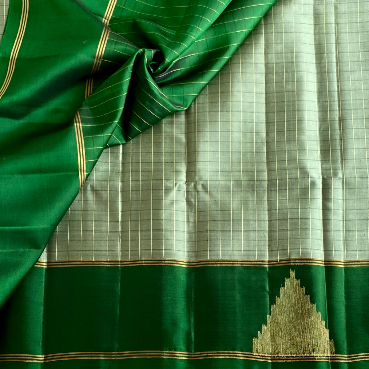 Rare Sage Green Designer Pure Silk Saree With Emerald Green Pallu