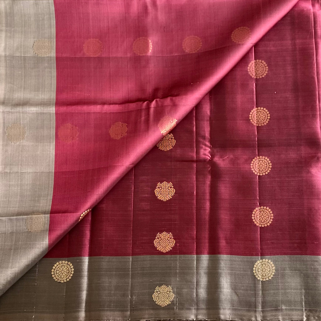 Antique Ruby Red Designer Pure Silk Saree With Ice Grey Pallu