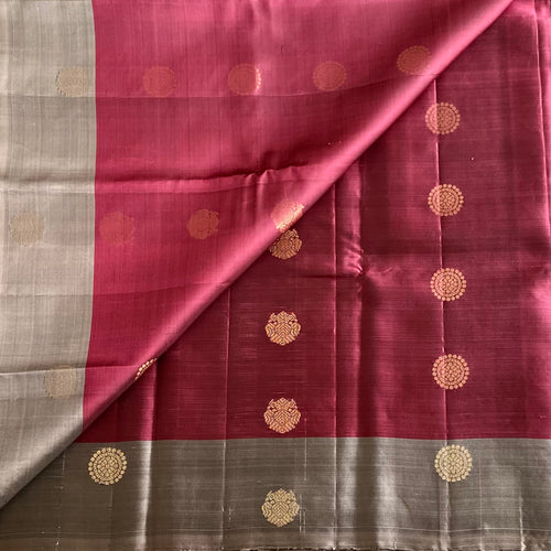Antique Ruby Red Designer Pure Silk Saree With Ice Grey Pallu