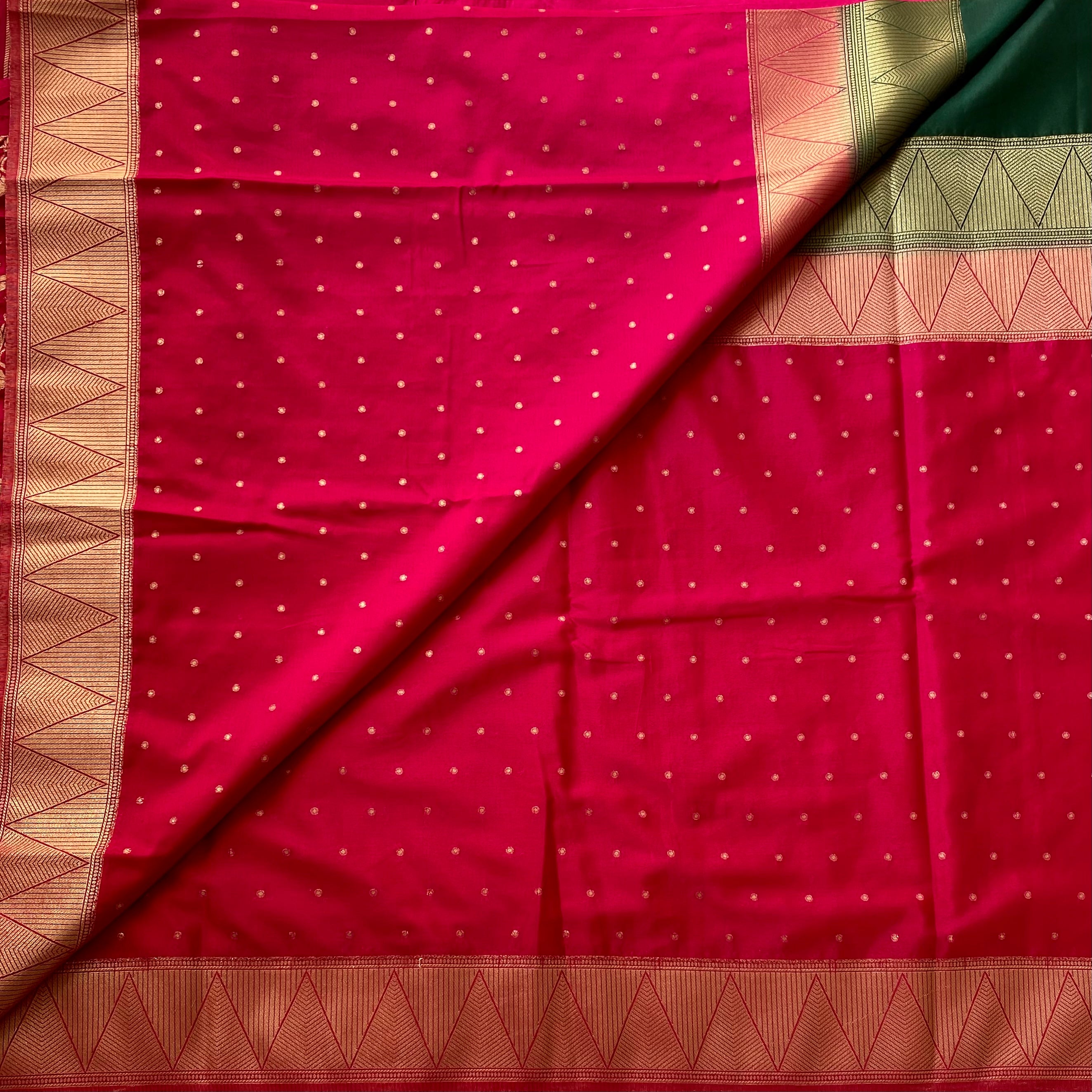 Half n half Bottle green with rani pink soft crepe silk