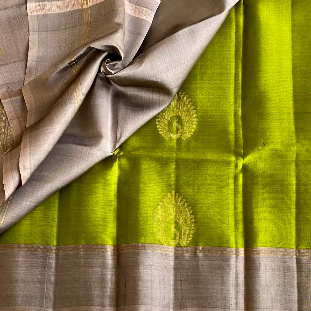 Olive Green Designer Pure Silk Saree With Taupe Grey Pallu