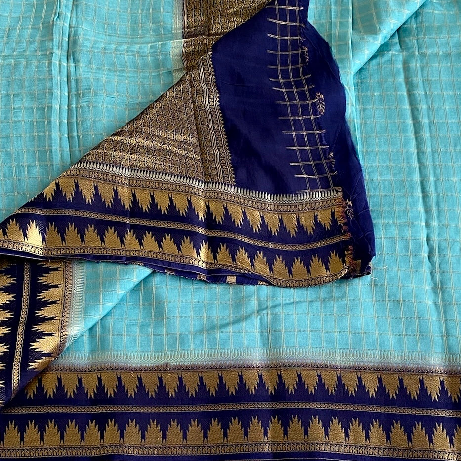 Aqua Blue Soft Tussar Silk Saree Royal Blue Border Brocade Pallu