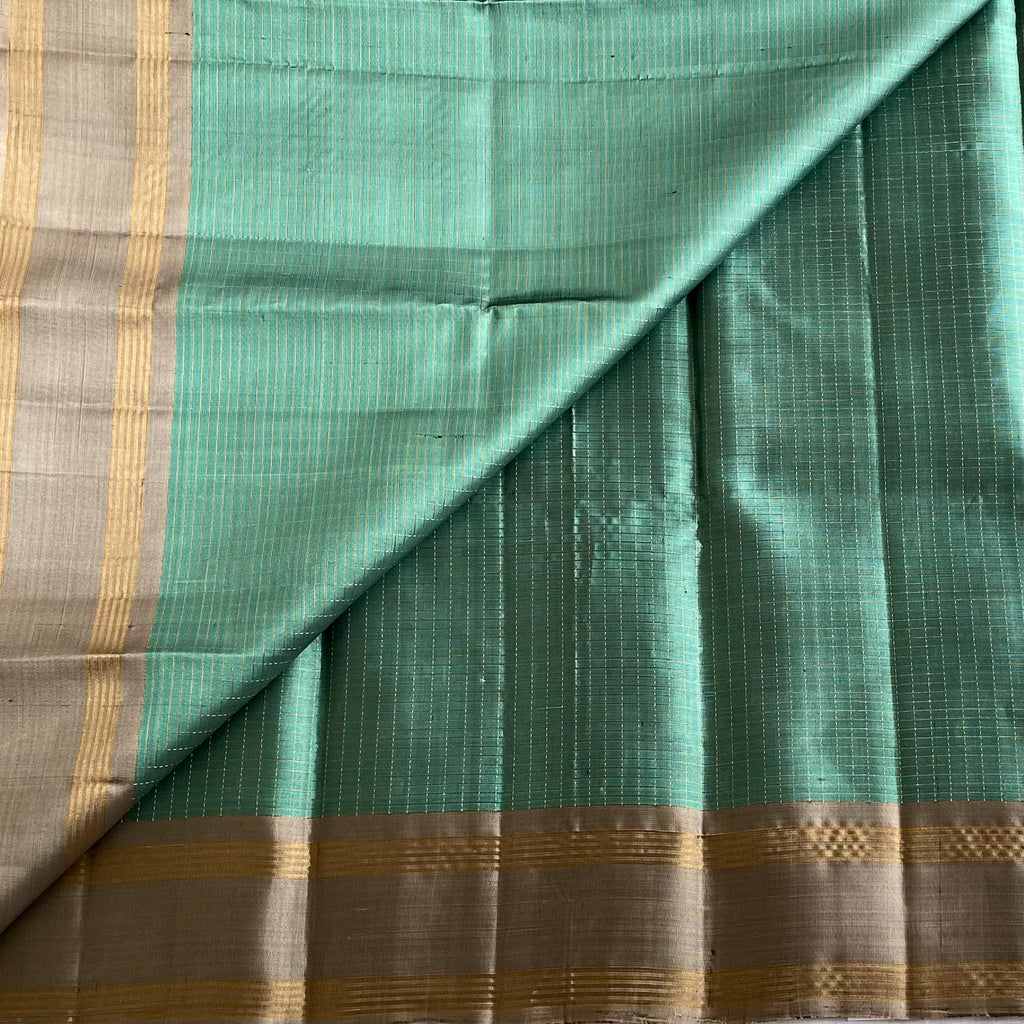 Metallic Teal Green Designer Pure Silk Saree With Antique Bronze Grey Pallu
