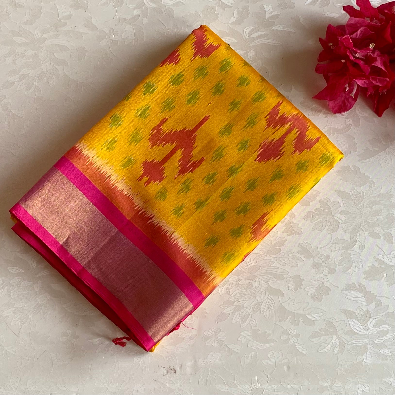 Mustard Yellow Designer Ikkat Pure Silk Saree With Rani Pink Pallu