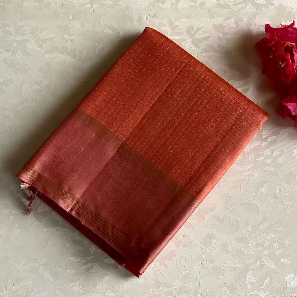 Burnt Orange Designer Pure Silk Saree With Antique Gold Border And Pallu