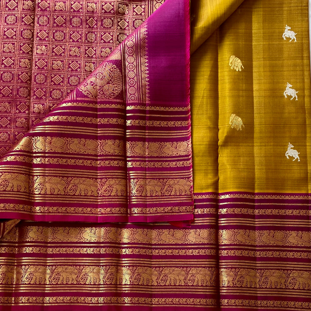 Classic Mustard With Magenta Pure Zari Kanjeevaram Deer & Elephant Motifs