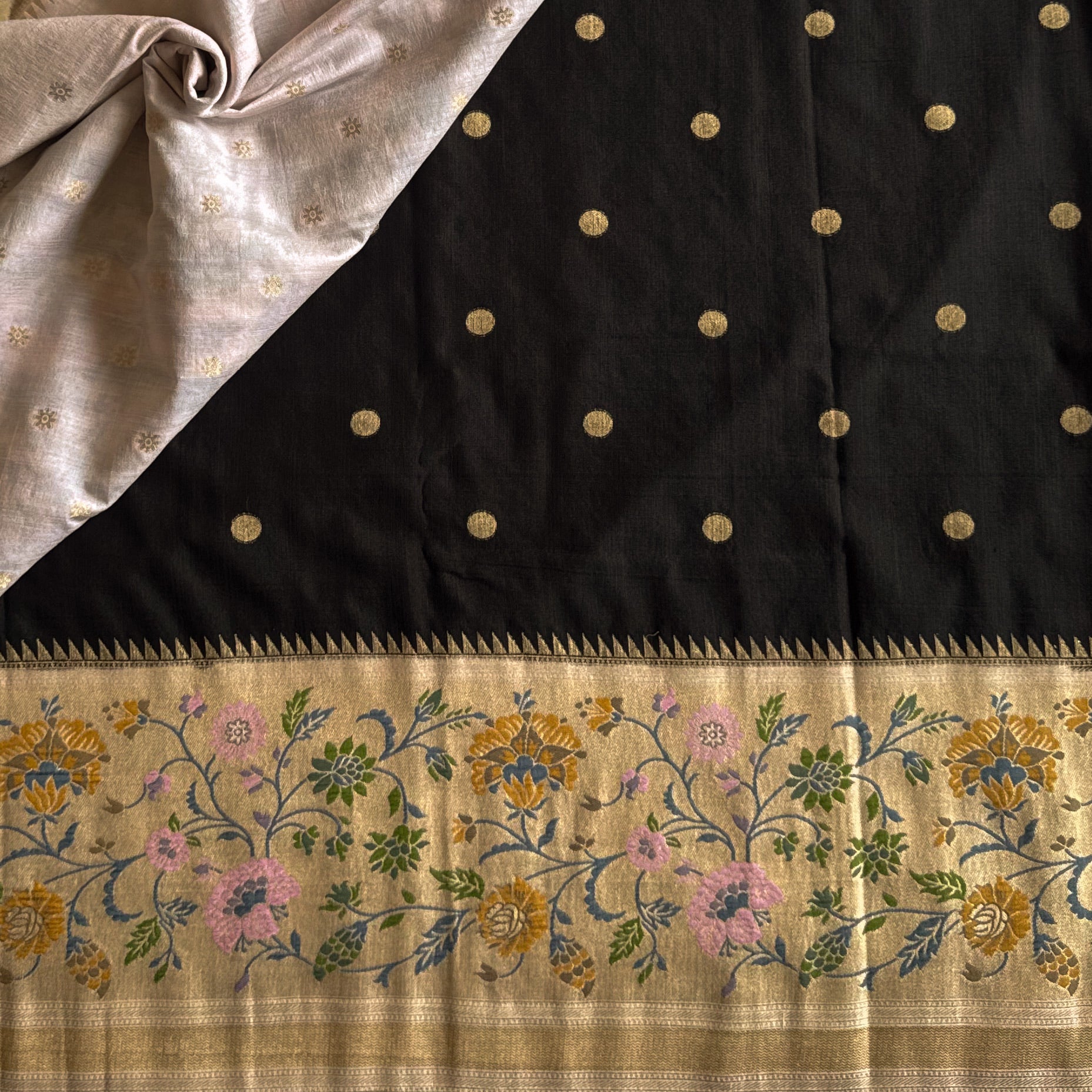 Midnight Black Saree Pale Beige Floral Pallu Gold Polka Dots