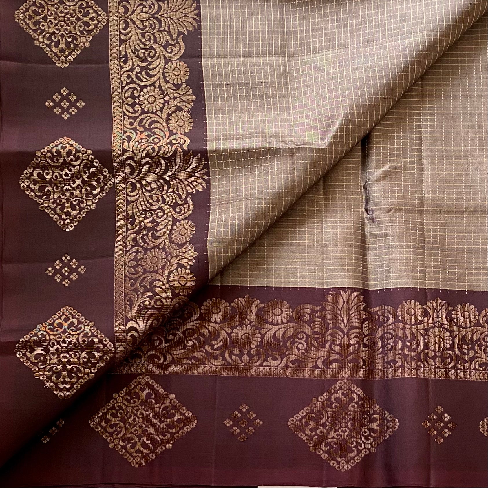 Greyish Beige Designer Pure Silk Saree With Wine Brown Woven Border
