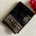 Jet Black Soft Crepe Silk With Antique Gold Border & Contrast Burnt Orange Blouse