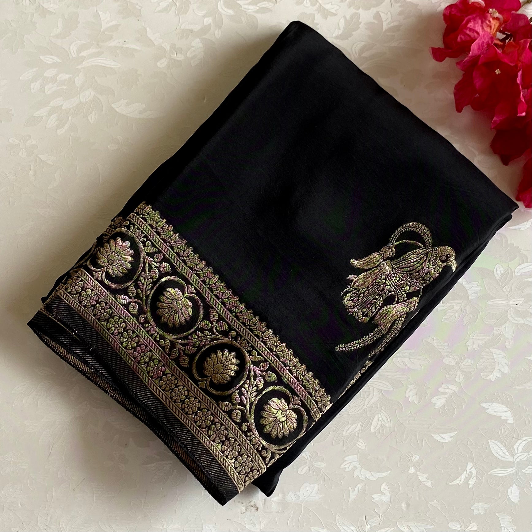 Jet Black Soft Crepe Silk With Antique Gold Border & Contrast Burnt Orange Blouse