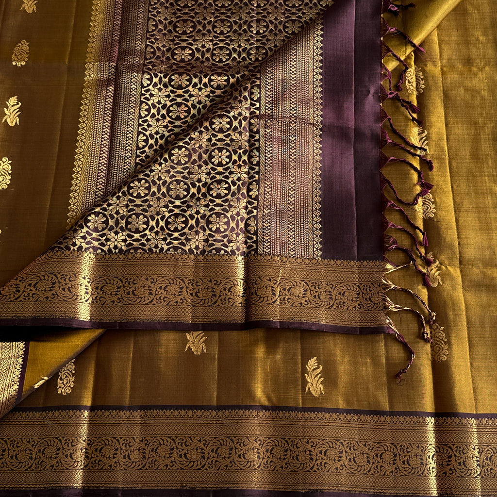 Mustard Gold Silk Saree With Plum Pallu And Golden Zari