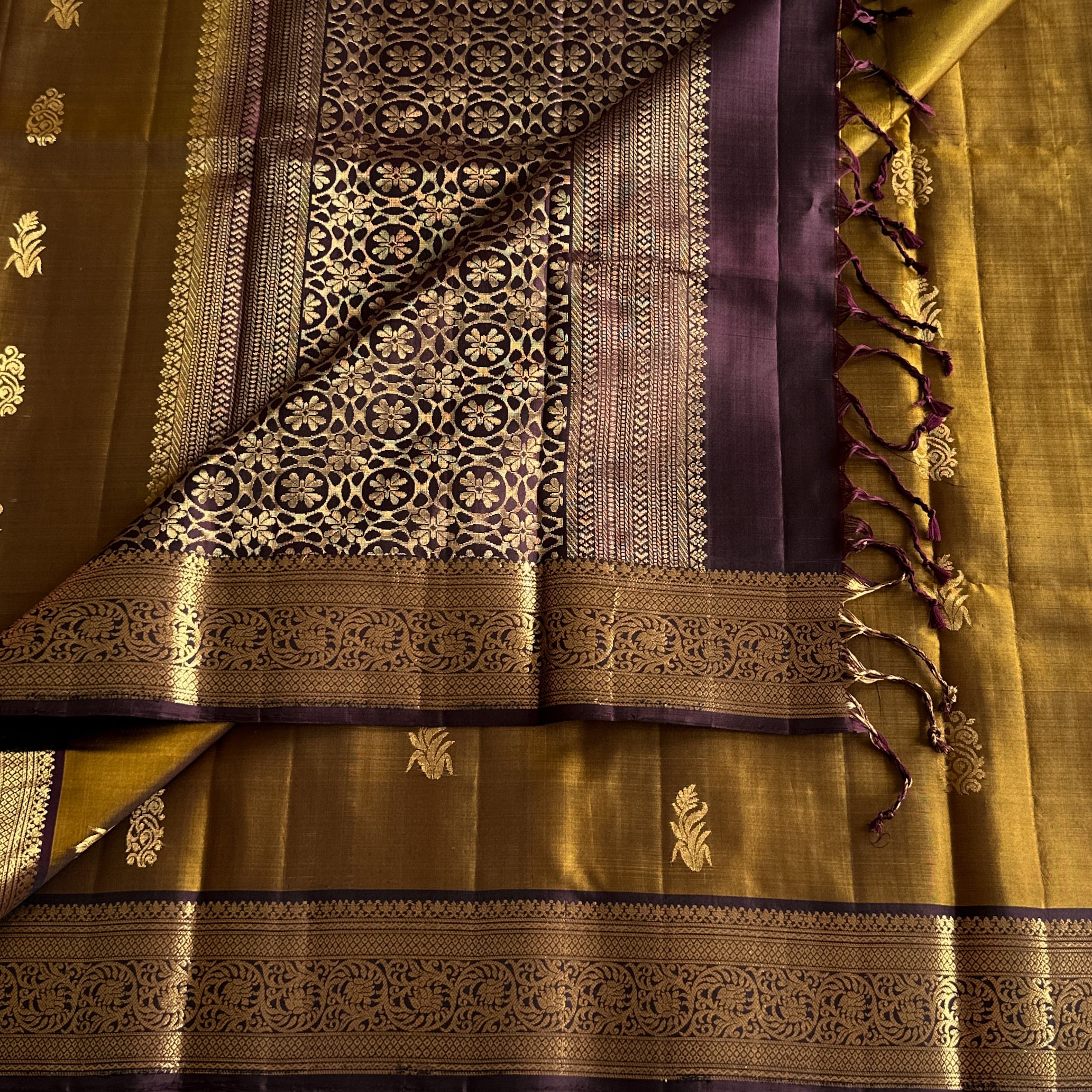 Mustard Gold Silk Saree With Plum Pallu And Golden Zari