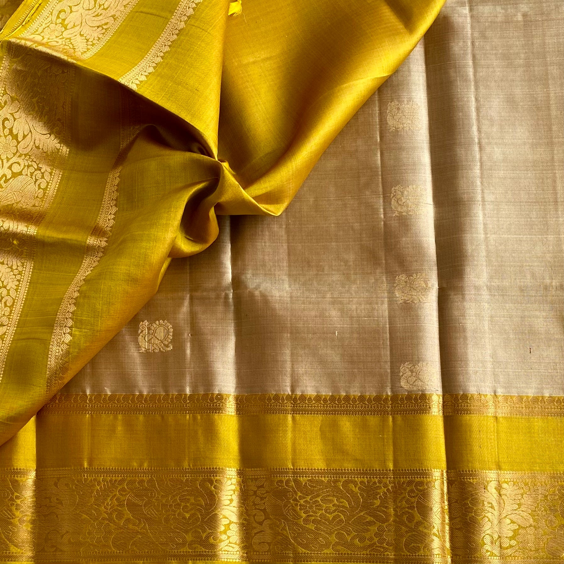 Champagne Beige Designer Pure Silk With Magical Yellow