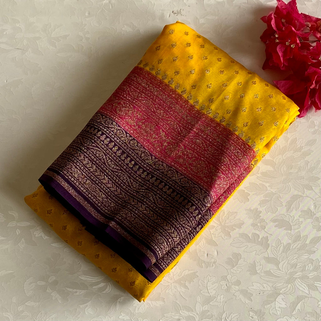 Tri Colour Sunflower Yellow Purple And Rose Pink Banarasi Crepe Silk Saree With Gold Zari