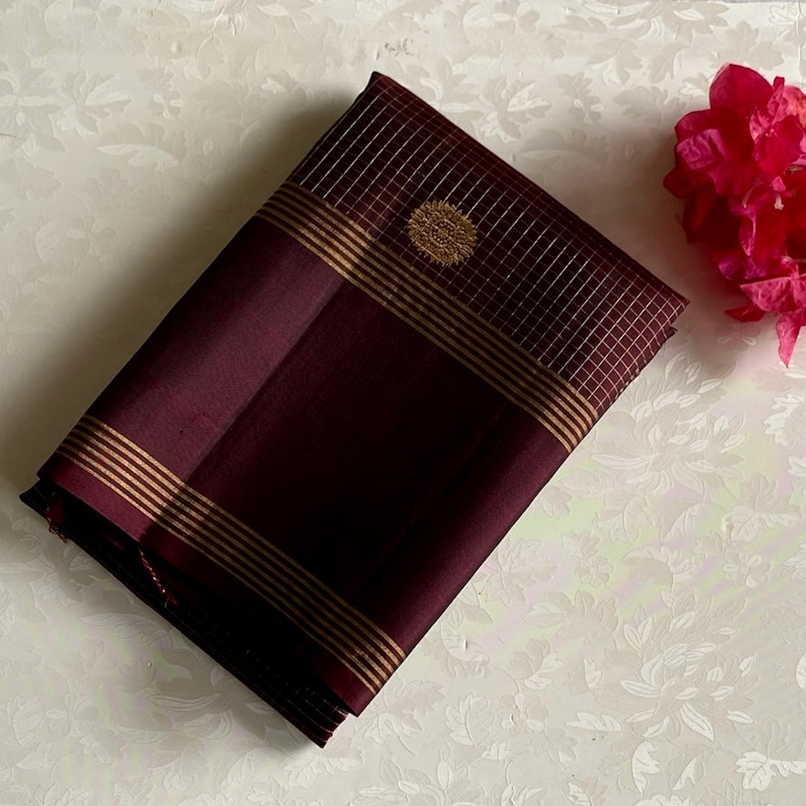 Espresso Wine Brown Designer Pure Silk Saree With Micro Checkered Weave