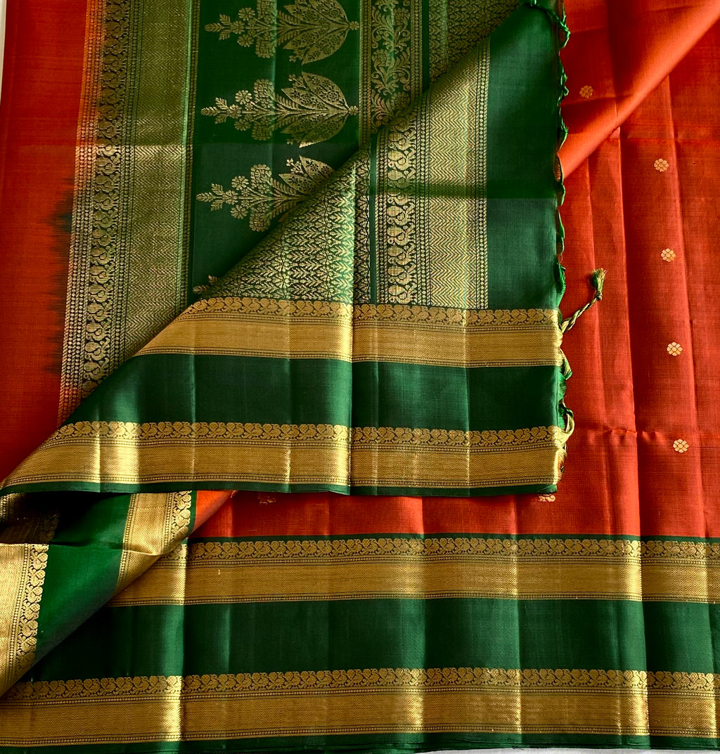 Emerald Teal Saree with Antique Gold Zari and Magenta Pallu