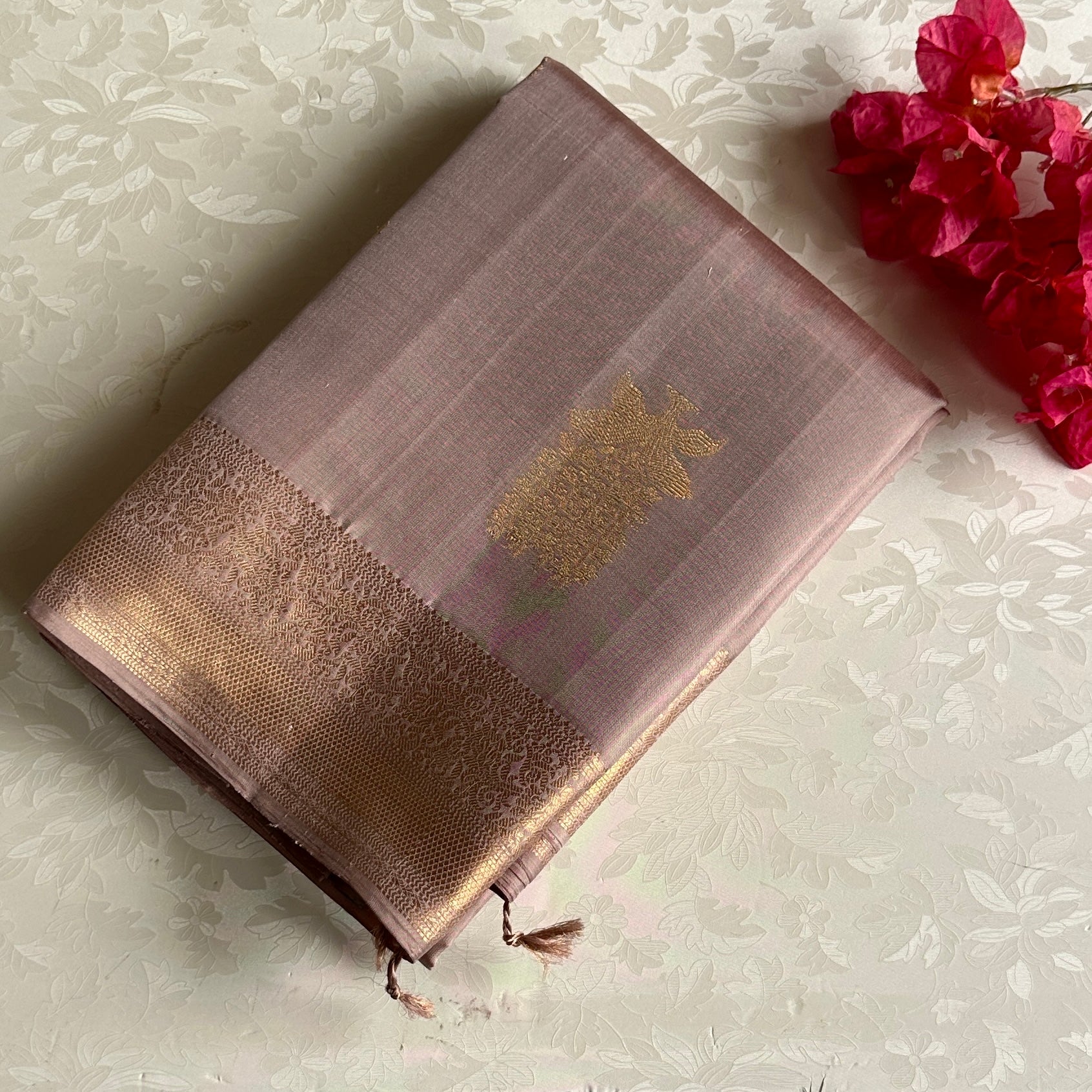 Dusty Rose Designer Pure Silk Saree With Antique Gold Brocade Panels