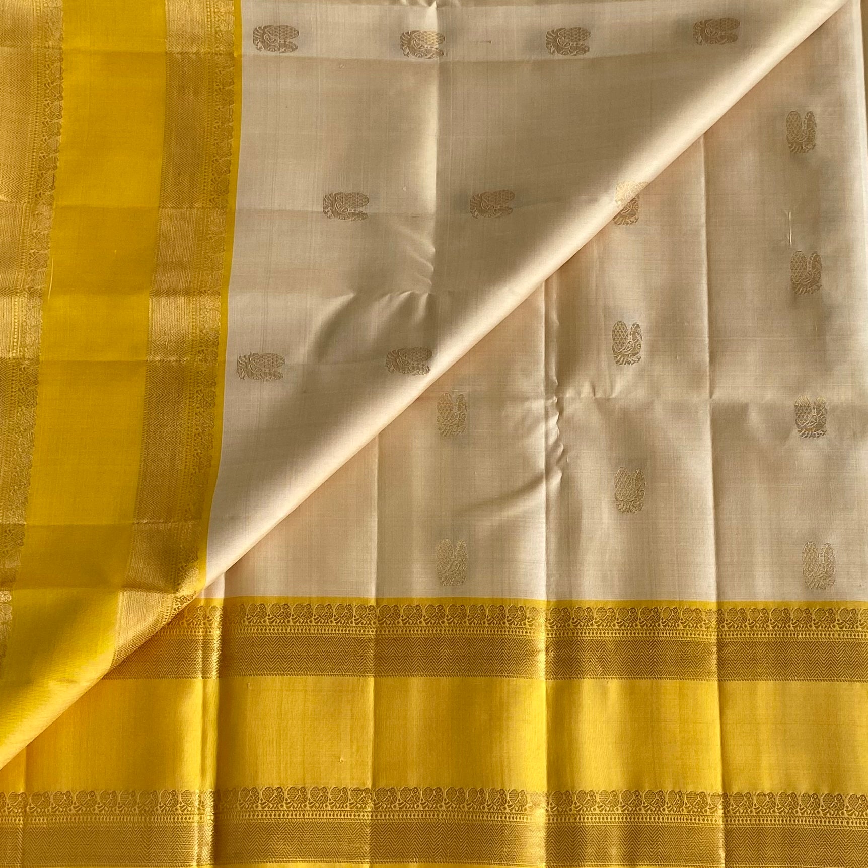 Beige with Golden Yellow Designer Pure Silk Saree with Retta Pett borders