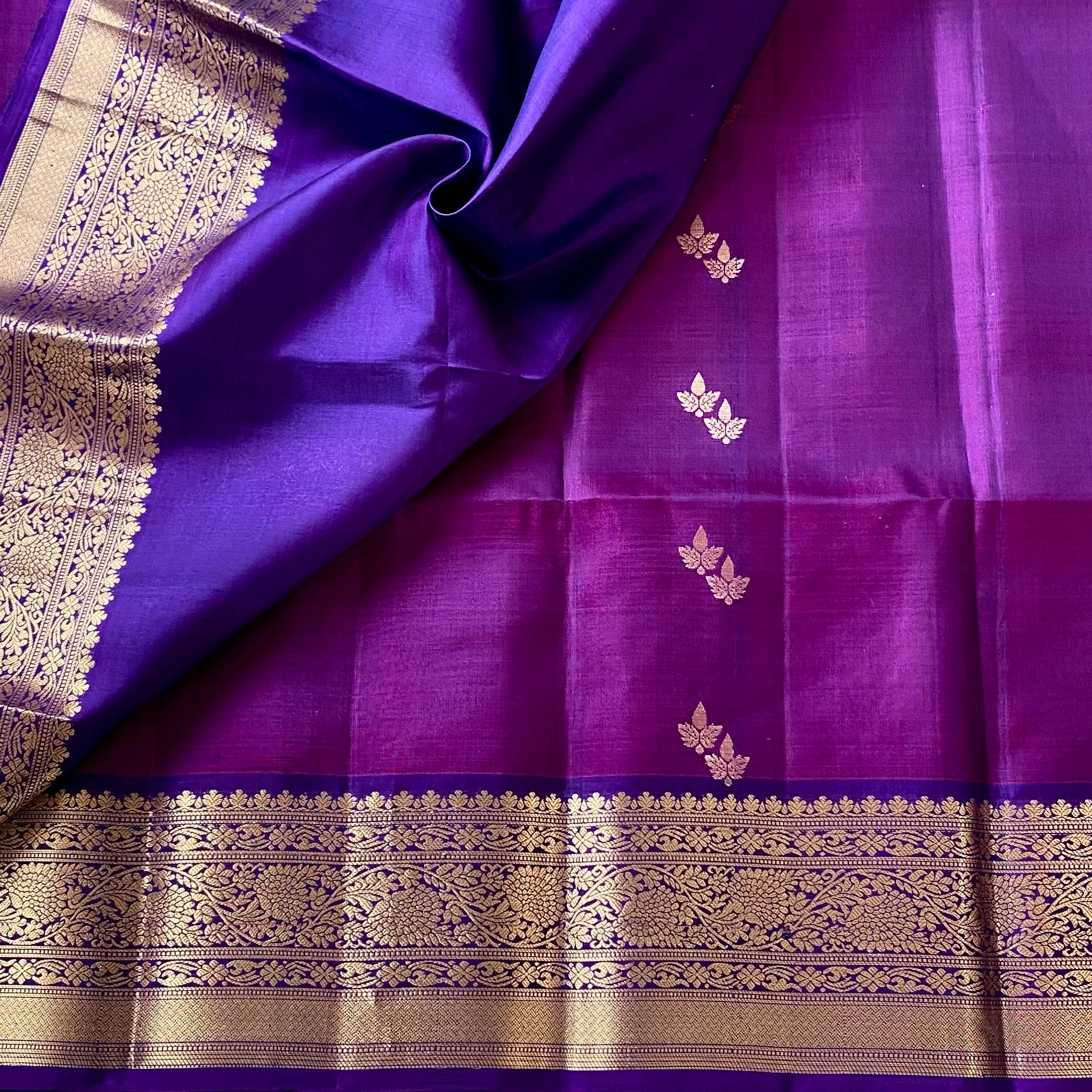 Deep Magenta Silk Saree with Gold Brocade Floral Pallu Border