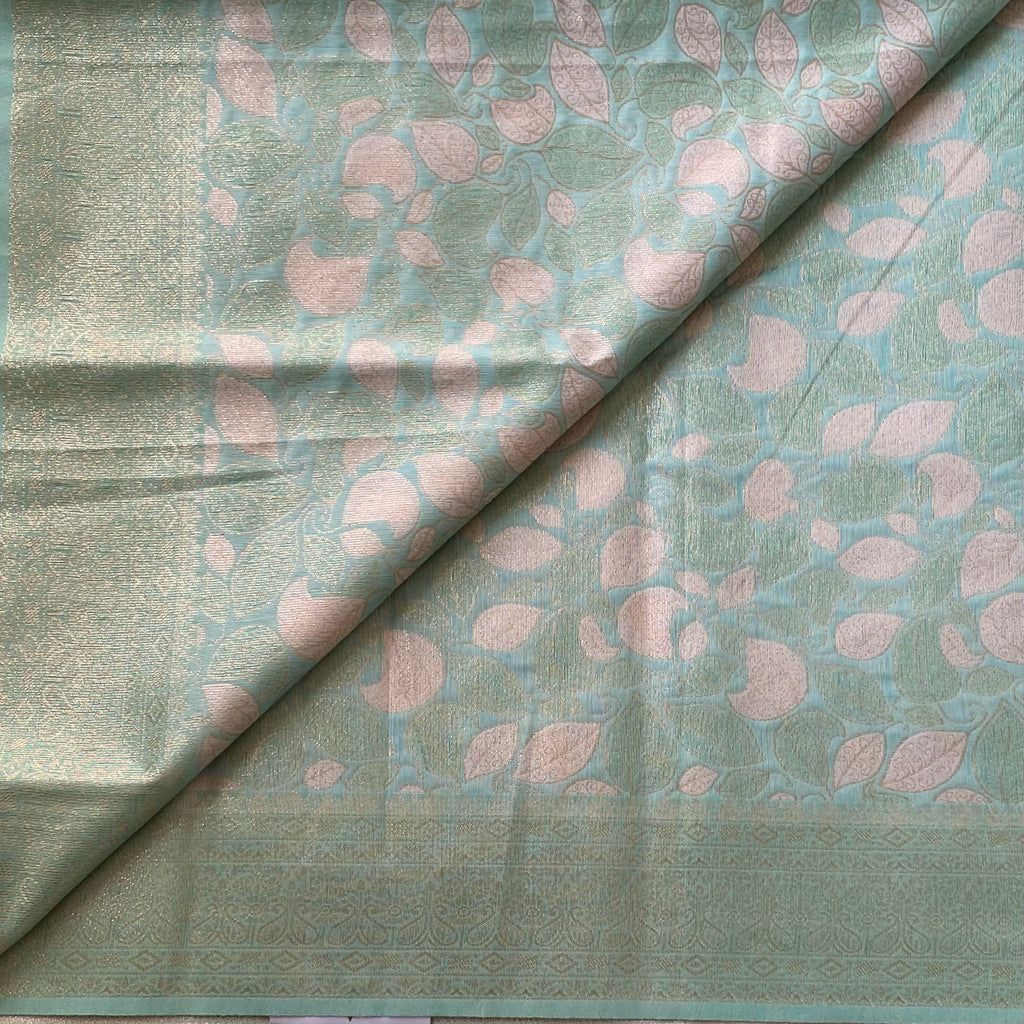 Mint Green Blush Pink Leaf Brocade Saree With Tassel Pallu