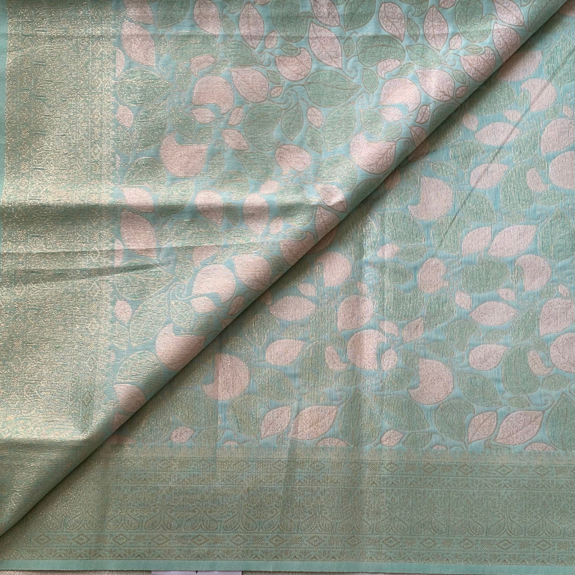 Mint Green Blush Pink Leaf Brocade Saree With Tassel Pallu