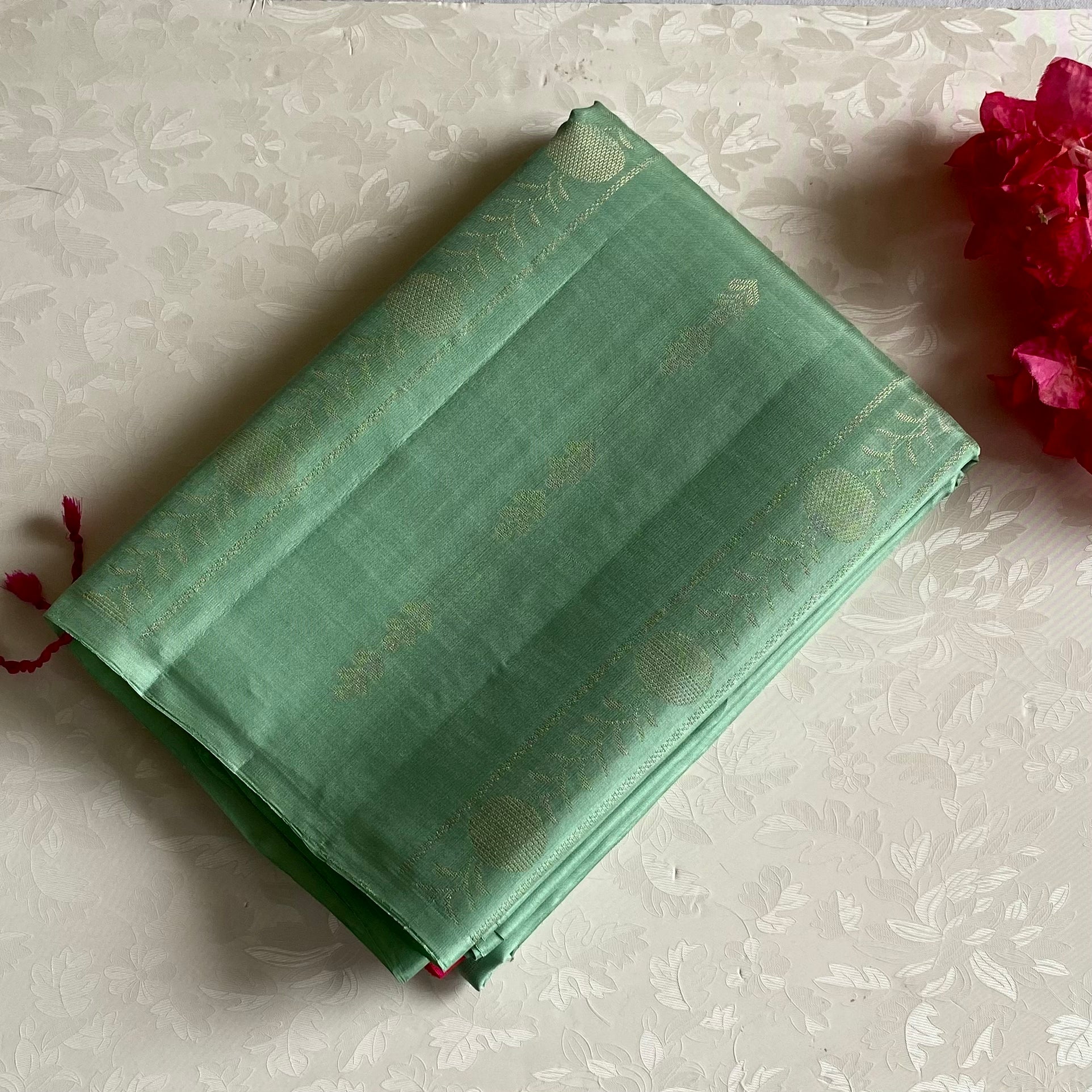 Mint Green Designer Pure Silk Saree With Rani Pink Pallu