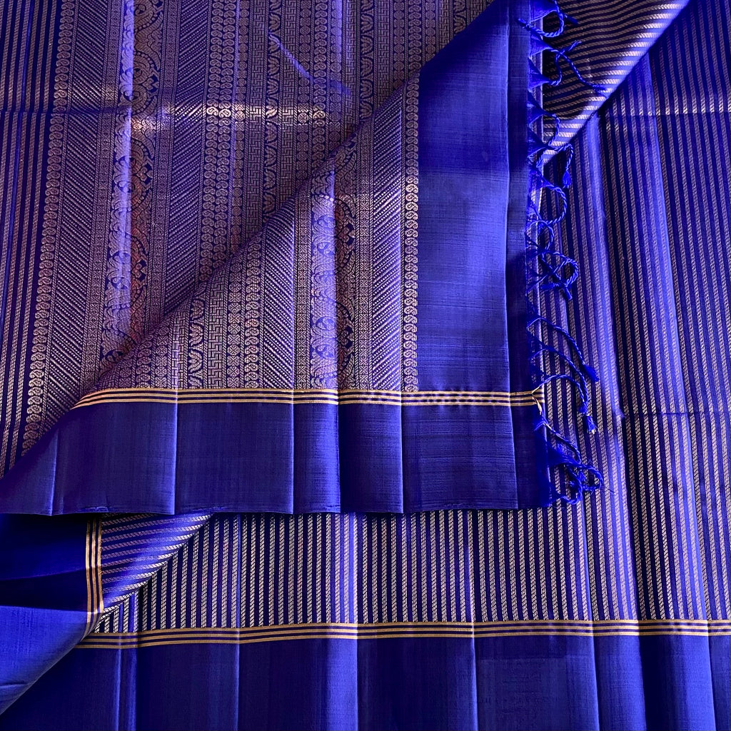 Royal Blue Designer Pure Silk Saree With Metallic Gold Zari Panels