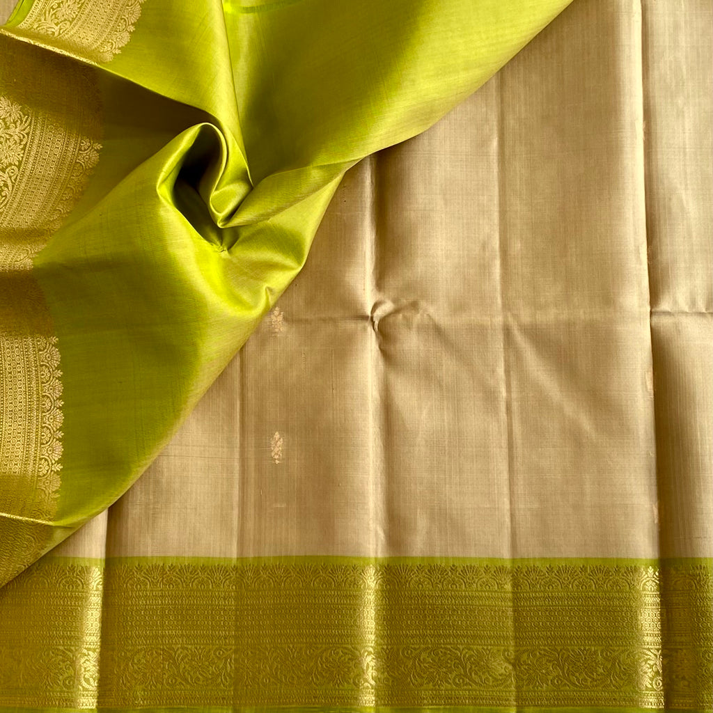 Champagne Beige & Chartreuse Green Designer Pure Silk Saree
