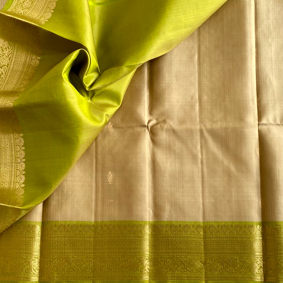 Champagne Beige & Chartreuse Green Designer Pure Silk Saree
