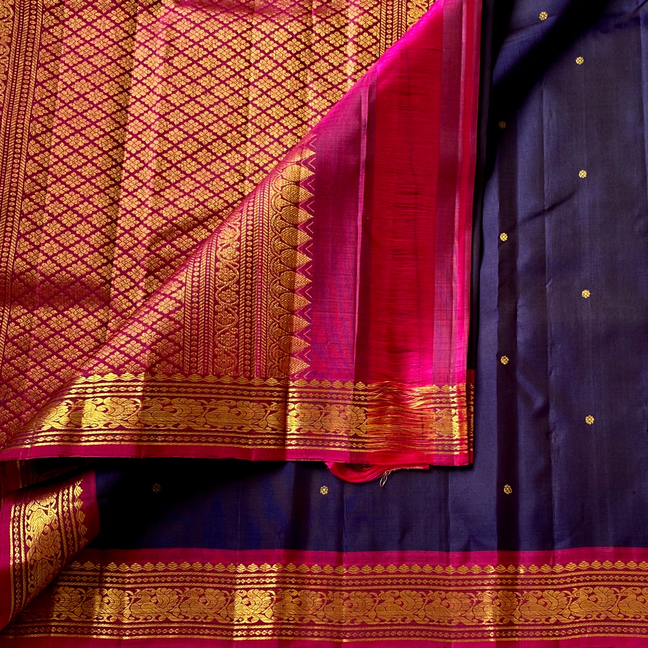 Magenta Navy Silk Saree Gold Zari Lattice Border Wedding Traditional