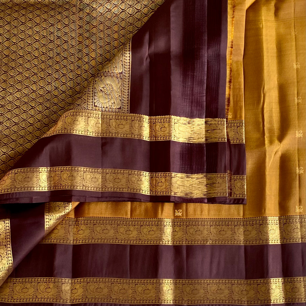 Deep Maroon Designer Pure Silk Saree With Mustard Gold Pallu Brocade Border