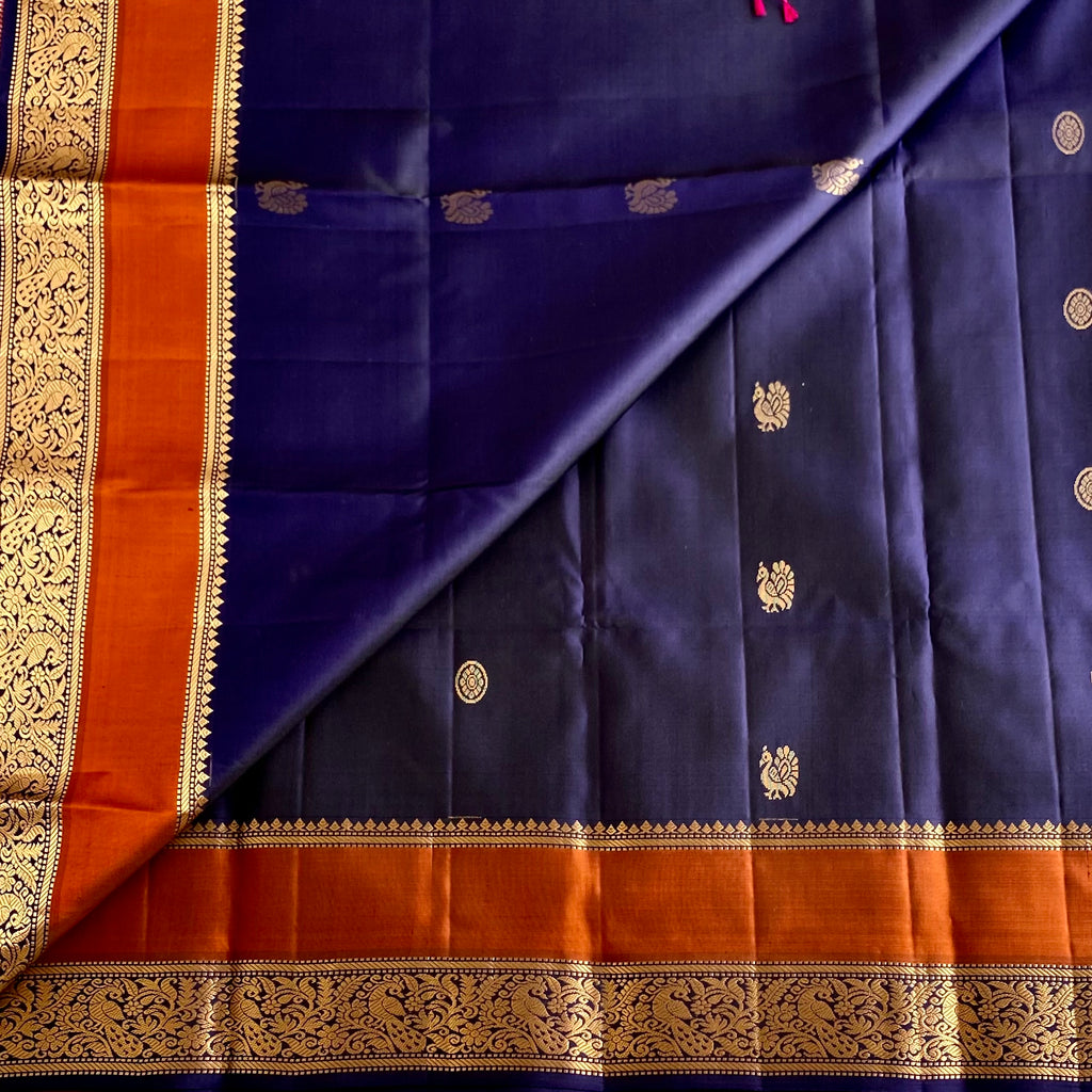Deep Navy Blue Designer Pure Silk Saree With Magenta Pink Pallu
