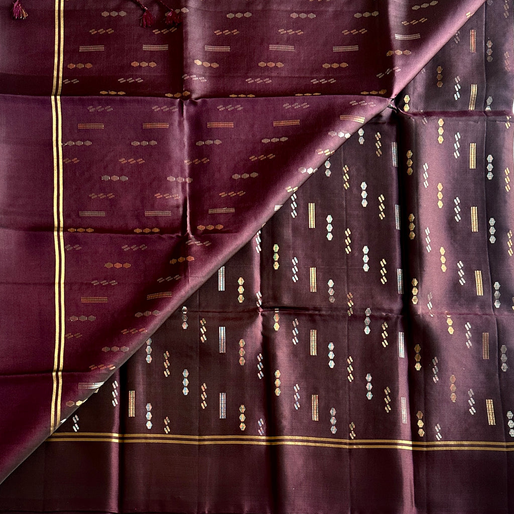 Plum Silk Zari Brocade Saree Floral Pallu And Gold Border