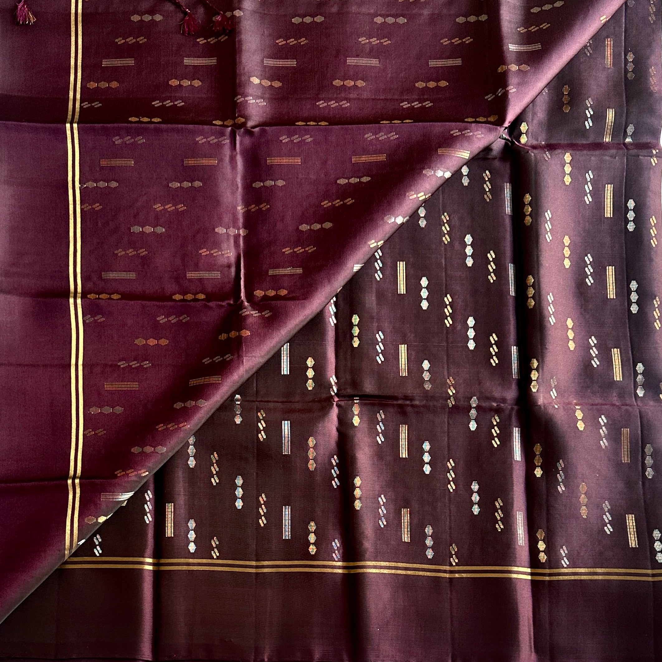 Plum Silk Zari Brocade Saree Floral Pallu And Gold Border