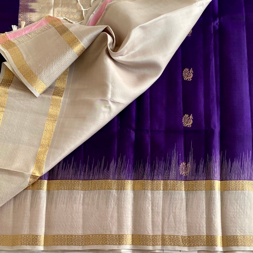 Ivory Designer Pure Silk Saree With Royal Purple Pallu