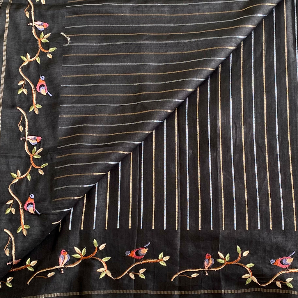 Jet Black Soft Tussar With Stripes & Designer Embroidered Borders