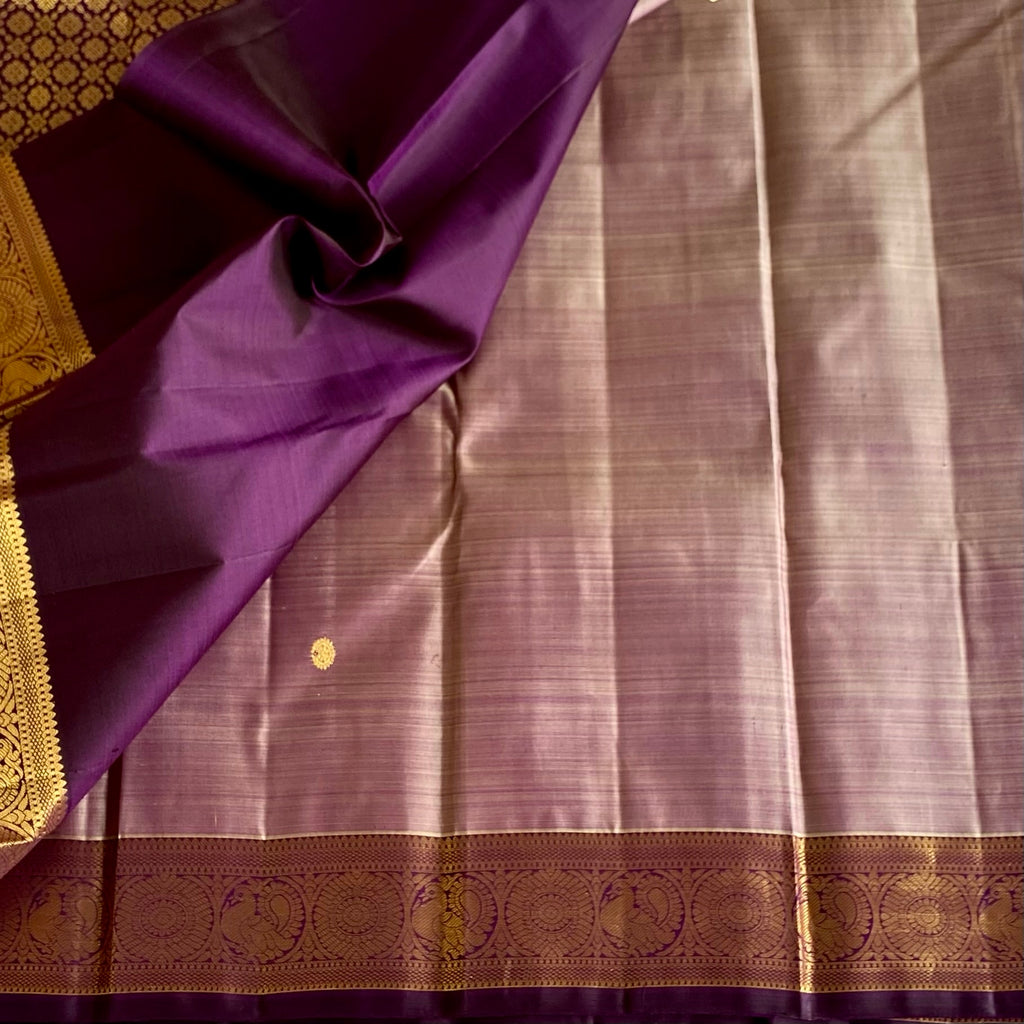 Dual shaded Metallic Lavender Kanjeevaram Pure Zari Silk Saree With Royal Purple Pallu