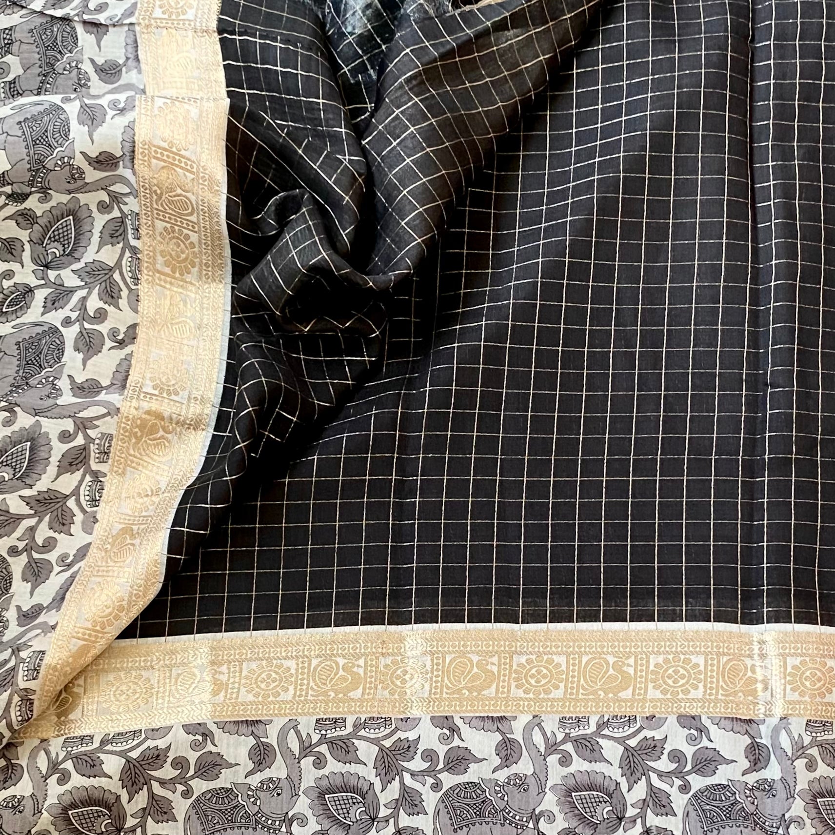 Charcoal Checked Saree Ivory Pallu Gold Zari Elephant Border Traditional