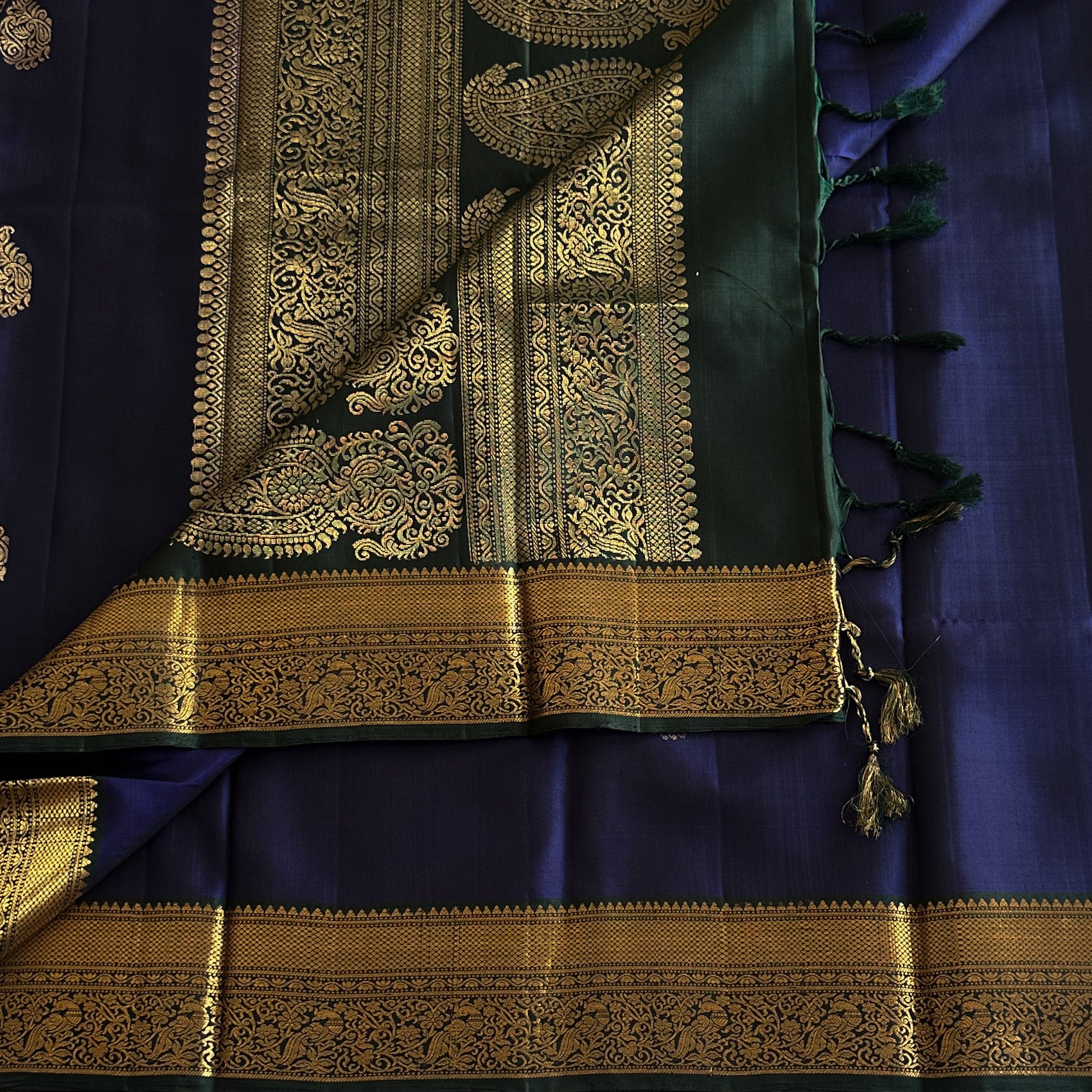 Midnight Navy with Bottle green Handwoven Designer Pure silk