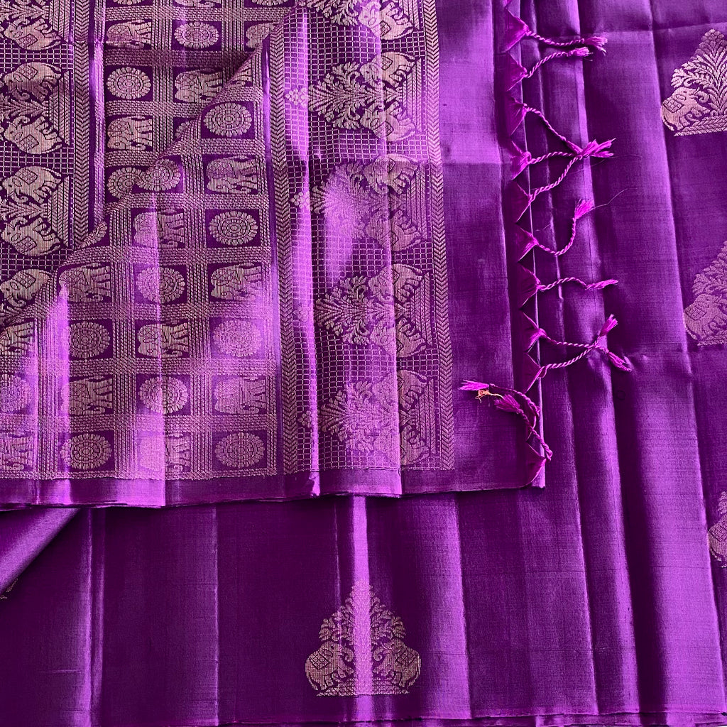 Royal Purple Designer Pure Silk Saree With Antique Gold Buta And Zari